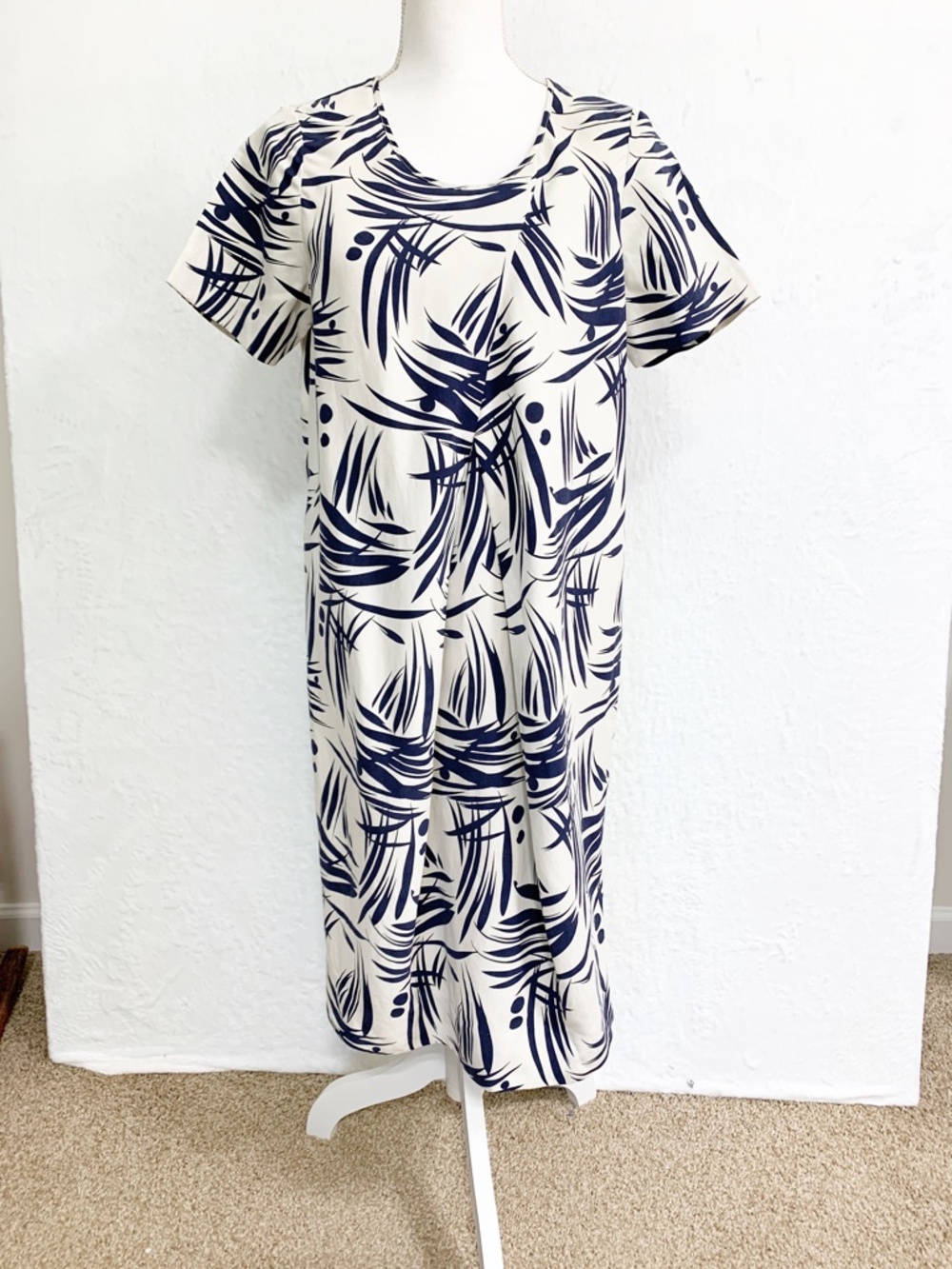 Pure Collection Silk Linen Cocoon Dress in Navy & Cream Bamboo Print Sz 4 - Picture 3 of 10